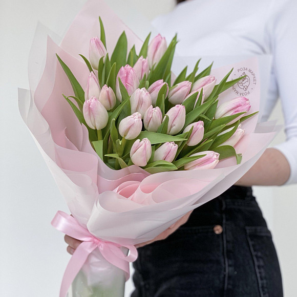 Букет из 21 нежно-розового тюльпана First Class (Голландия) в фирменной упаковке