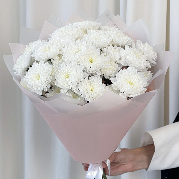 Букет из 7 белых кустовых хризантем Алтай в фирменной упаковке