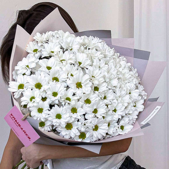 Букет из 11 ромашковых кустовых хризантем в матовой упаковке