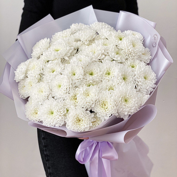 Букет из 15 белых кустовых хризантем Алтай в фирменной упаковке