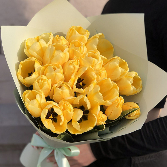 Букет из 25 желтых тюльпанов (Голландия) в фирменной упаковке