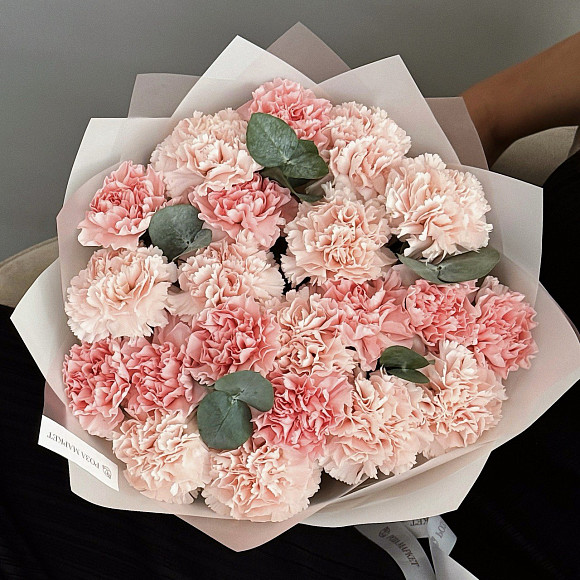 Букет из 21 розового диантуса микс с эвкалиптом в матовой упаковке