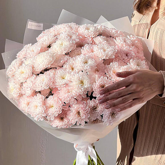 Букет из 15 розовых кустовых хризантем в фирменной упаковке