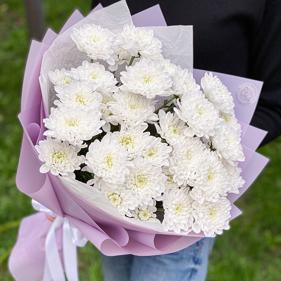 Букет из 7 белых кустовых хризантем в фирменной упаковке